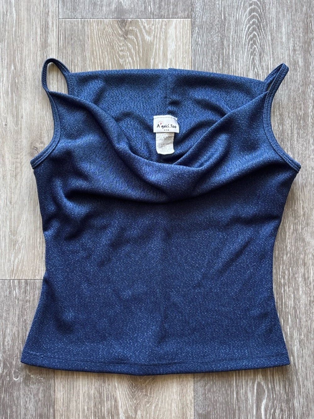 Vintage 90s Y2K A'gaci Too Blue Shiny Cowl Neck Glam Fairy Going Out Top Size S